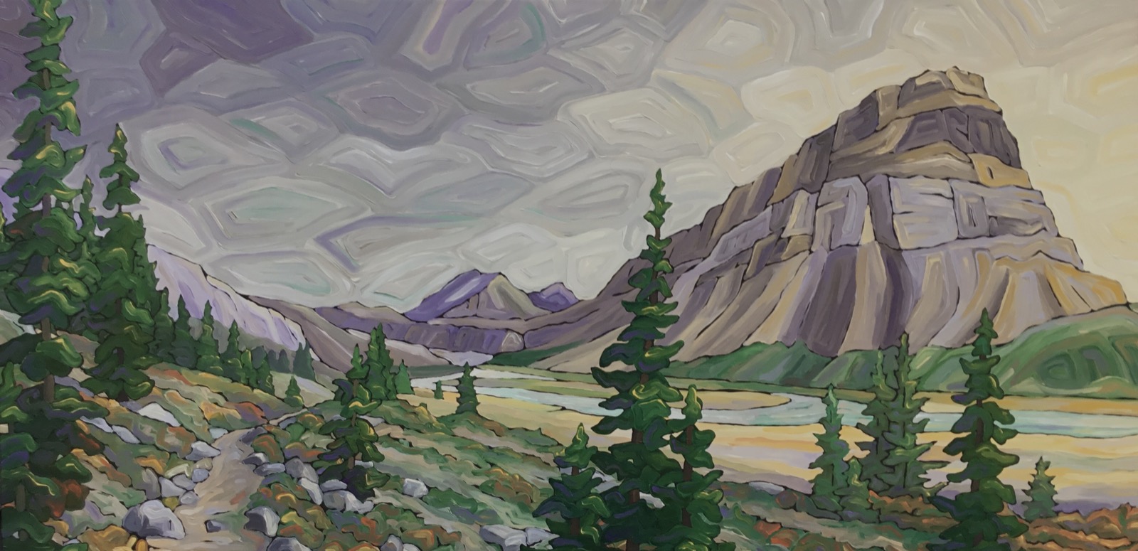 Steve's painting of the Brazeau Valley — a trail winding toward a far peak above a quiet lake