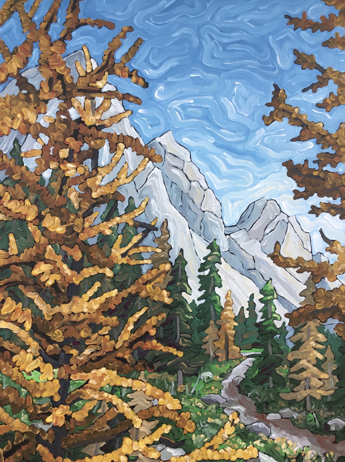 Steve's painting of Burstall Pass in autumn — golden larches below snow-dusted peaks