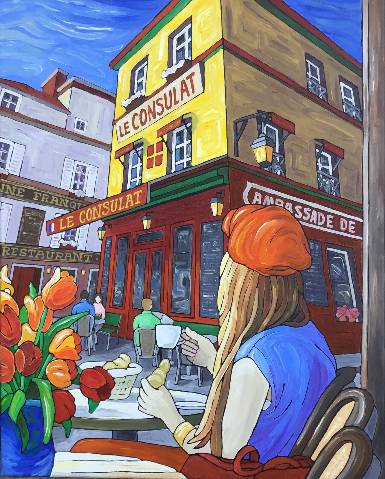 Steve's painting of Le Consulat cafe in Montmartre, Paris — a figure at a table beneath red awnings