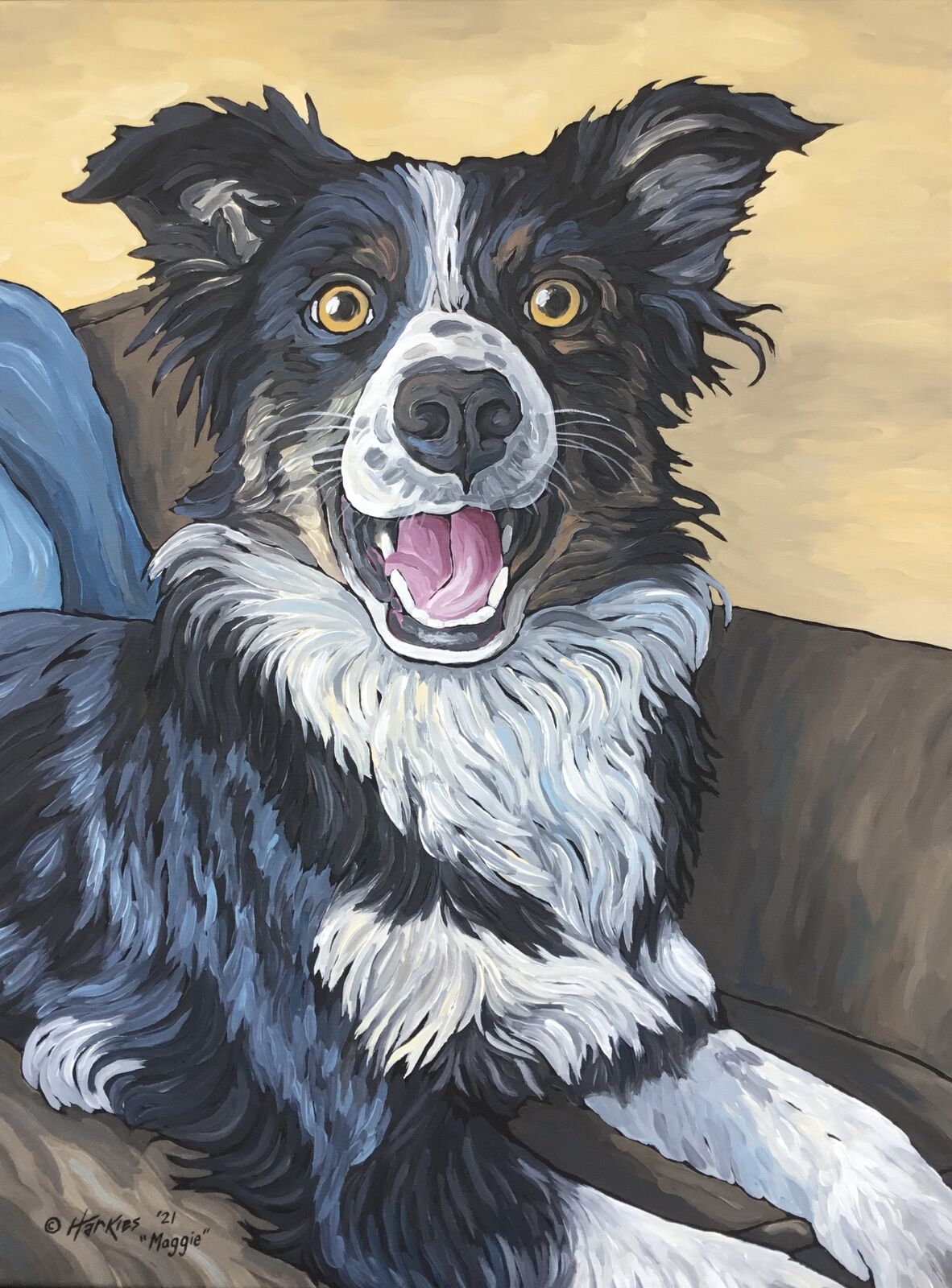 Steve's portrait of Maggie, a bright-eyed Australian Shepherd, against a warm ground