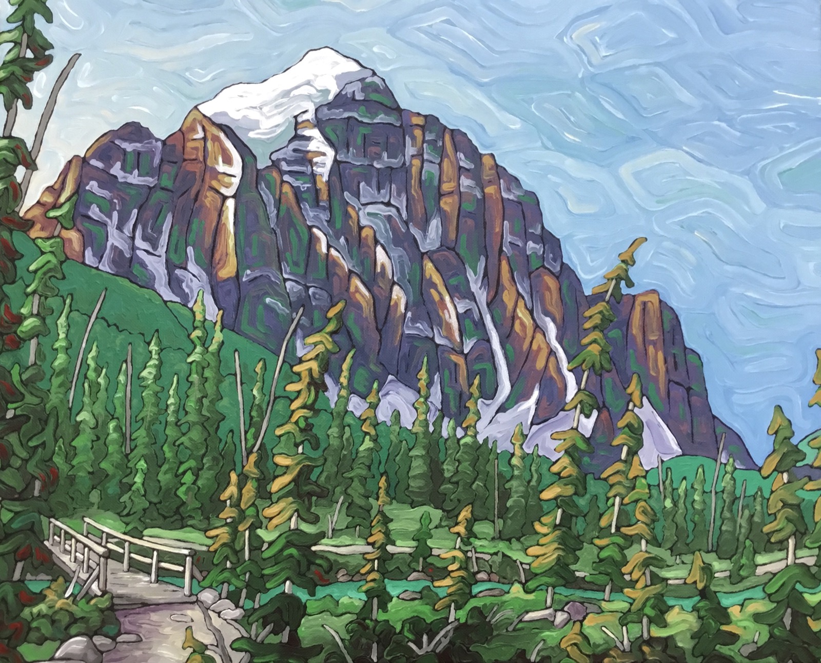 Steve's painting of Mount Temple — a craggy summit above evergreens, a boardwalk in the foreground