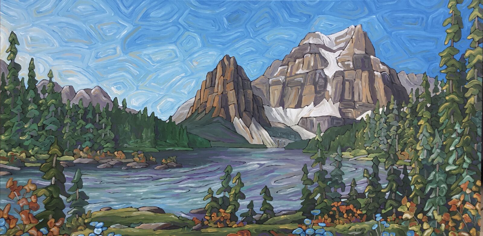 Steve's painting of Shadow Lake — a still alpine lake below snow-streaked peaks, in bold outline and saturated colour
