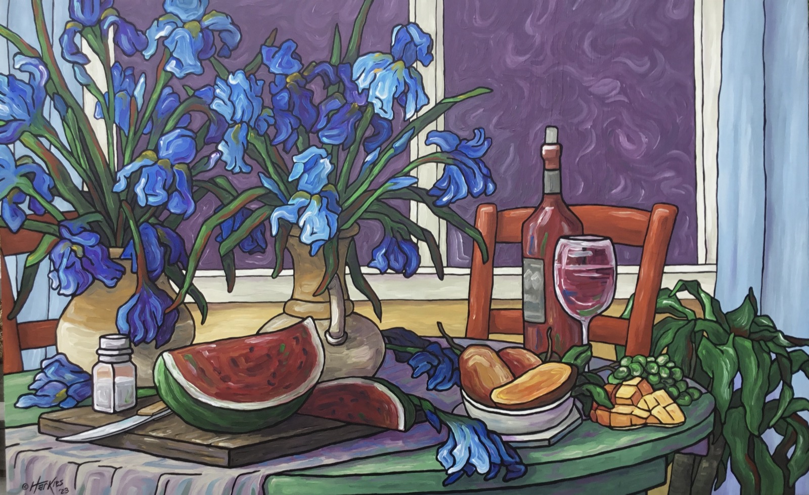 Steve's still life — irises, a cut watermelon and bread on a sunlit table