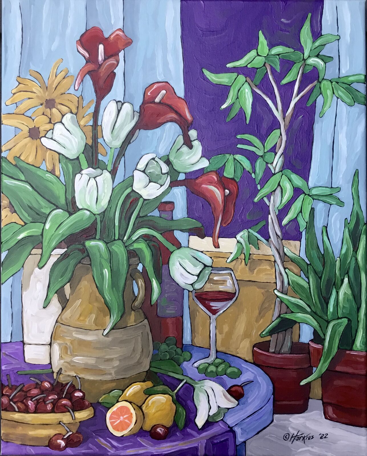 Steve's still life — calla lilies, a sunflower and fruit in warm light