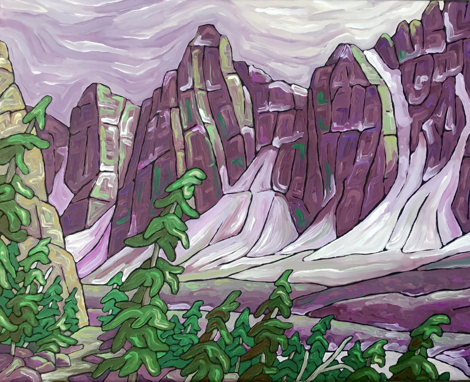 Steve's painting of the Valley of the Ten Peaks — jagged purple summits rising over evergreens